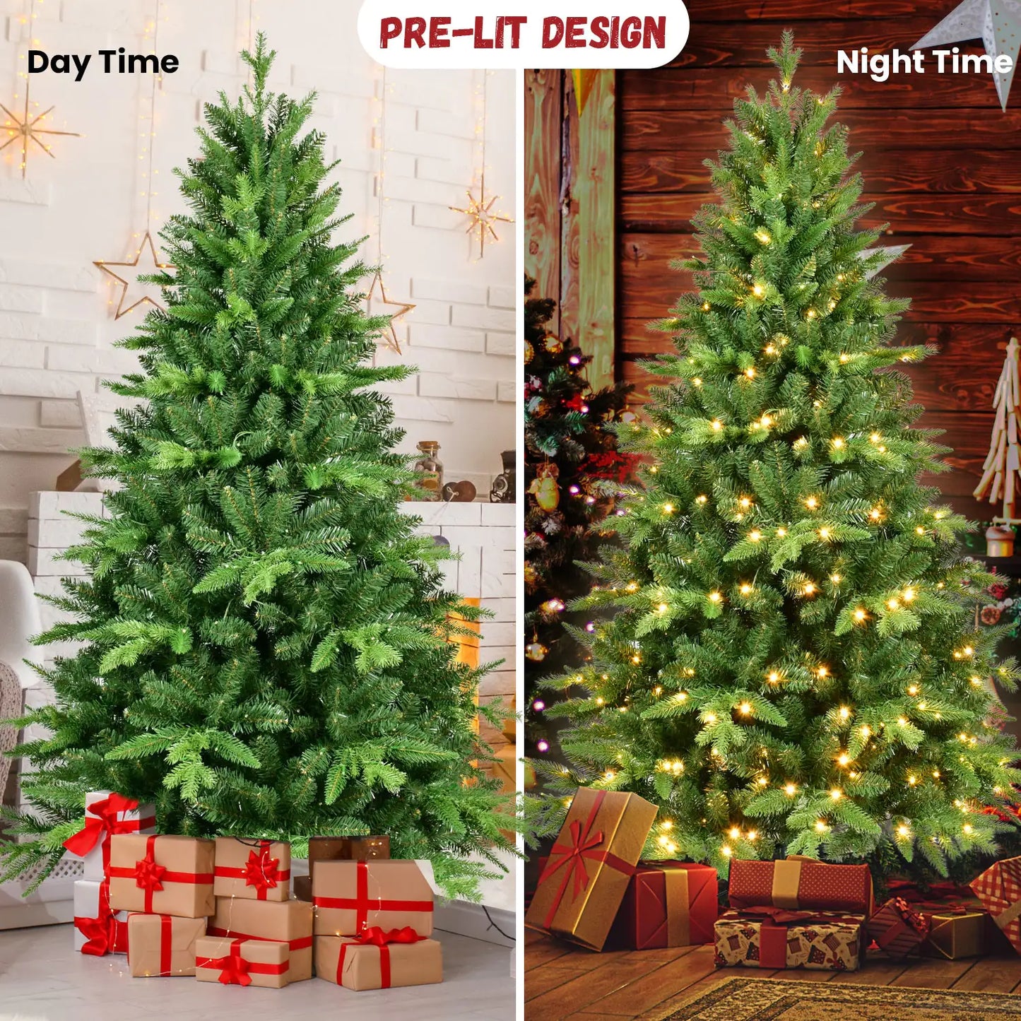 6 Feet PE & PVC Christmas Tree With Lights, Unique Christmas Tree Pre-lit 1228 Branch Tips, 350 Warm White LEDs And Metal Brackets, Art Christmas Tree